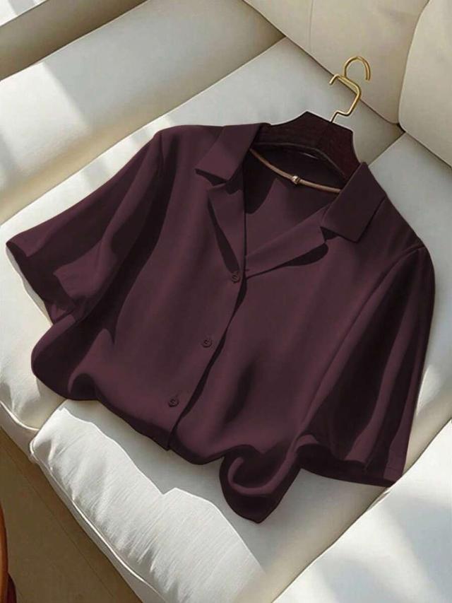 women's casual solid color turndown collar short sleeve shirt