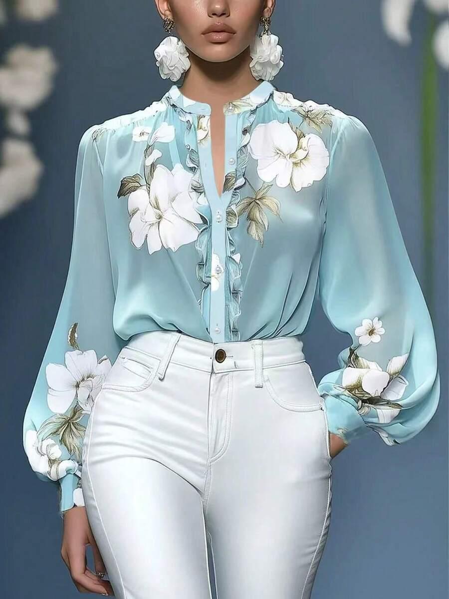 elegant floral print stand collar lantern sleeve chiffon blouse