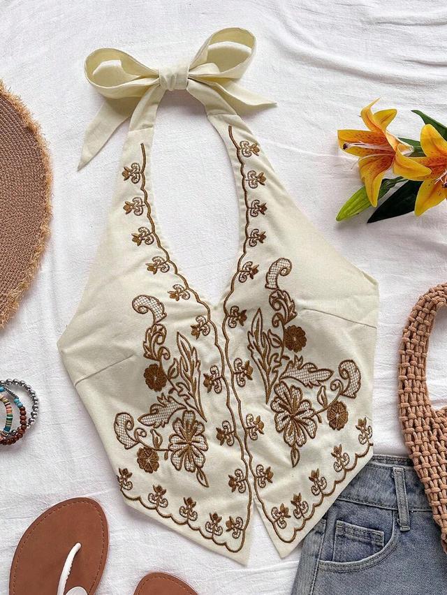 beige boho floral embroidered halter tie back crop top