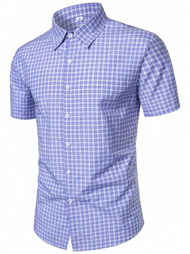 men's classic blue plaid short sleeve button-down shirt
