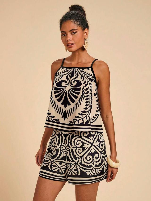 black and white printed camisole and shorts set