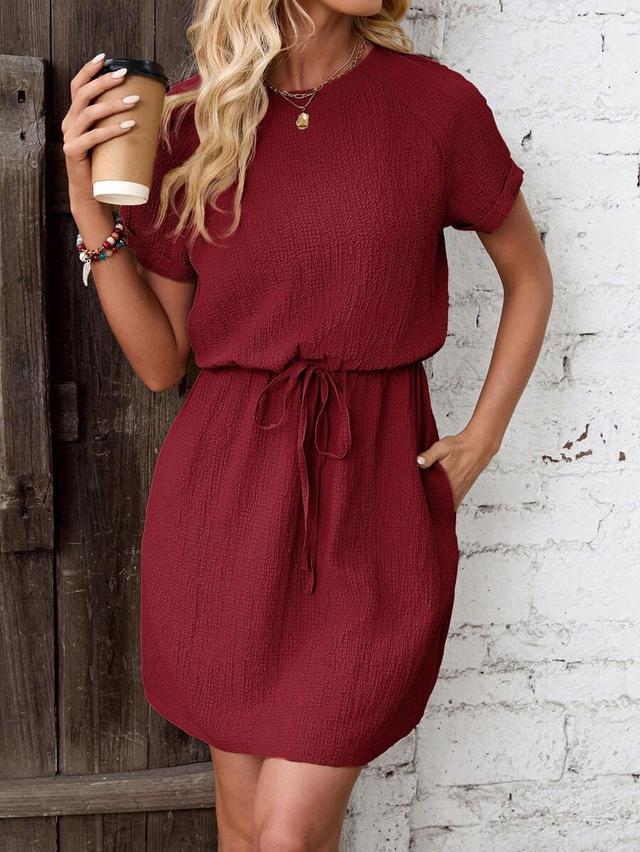 burgundy textured short sleeve drawstring waist dress