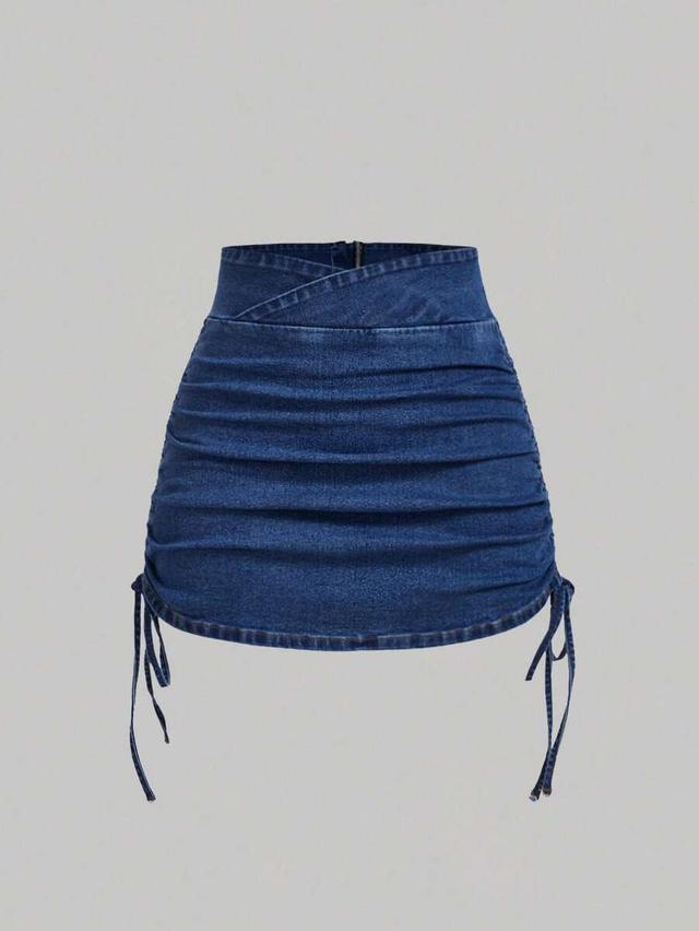 ruched denim mini skirt with drawstring sides