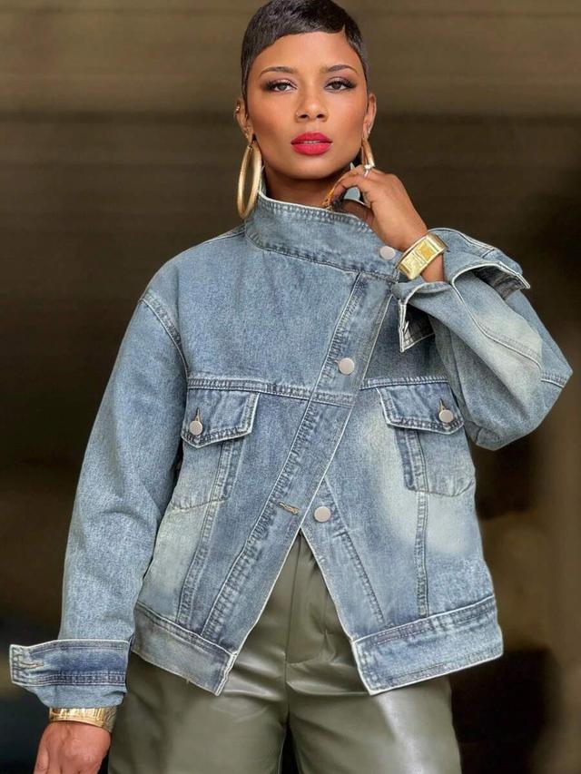 women's crossover washed denim biker jacket with stand-up collar