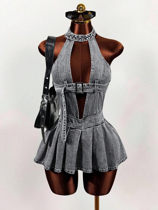grey denim halter dress with buckle waist detail