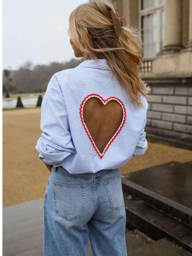 elegant striped long sleeve backless heart embroidered blouse