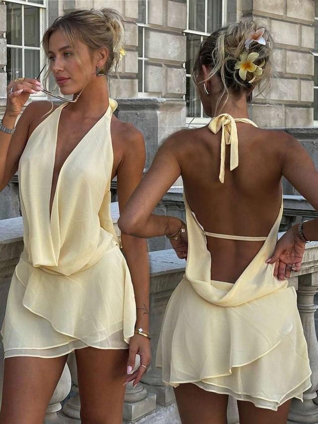 chiffon draped neck backless mini dress with ruffles