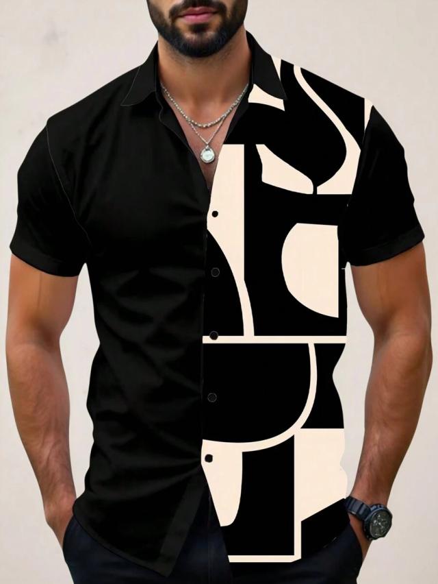 black pattern and cream geometric patchwork short sleeve shirt