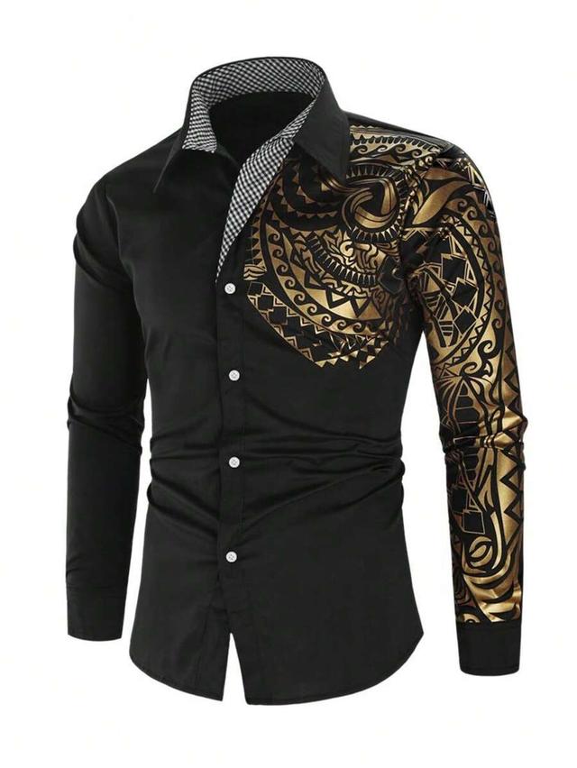 black long sleeve shirt with gold tribal print