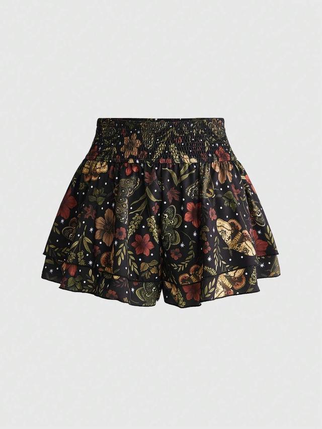 fairycore boho plant graphic print ruffle hem shorts