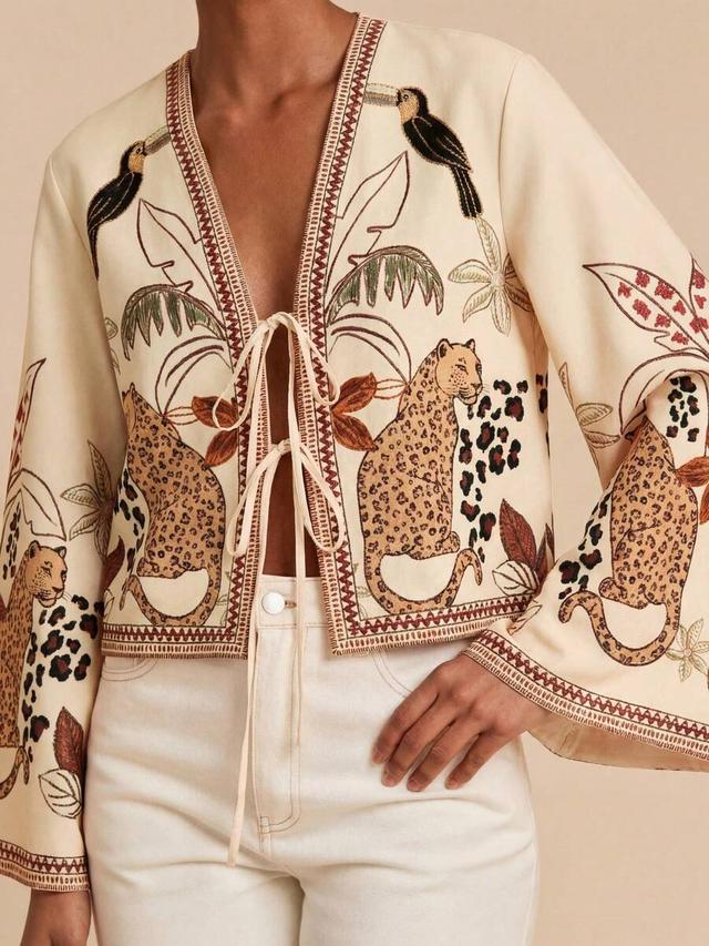 printed beige boho long sleeve tie front blouse