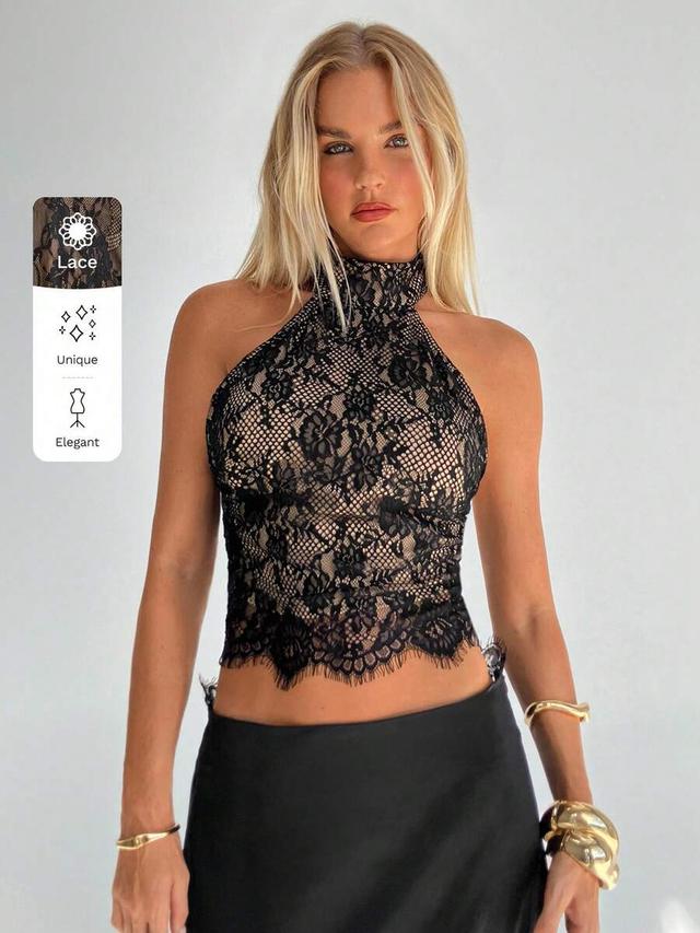 black lace halter-neck backless tank top