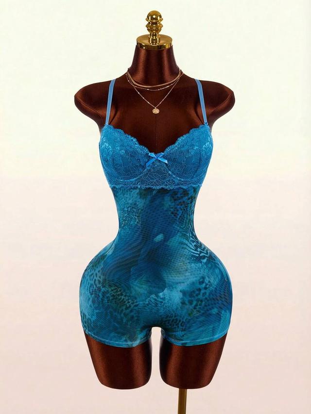 blue lace trim bodysuit with animal print