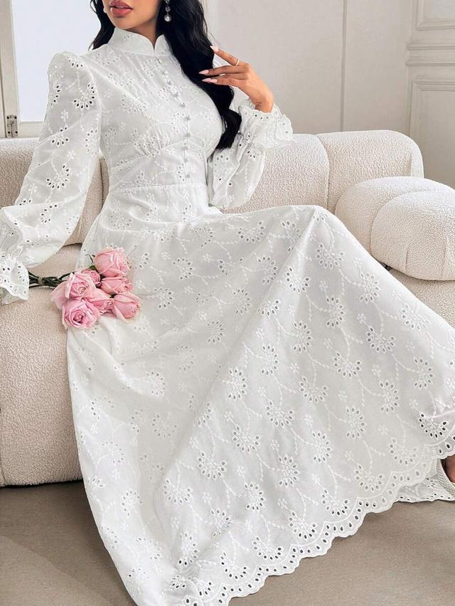 white french stand collar puff sleeve eyelet lace dress
