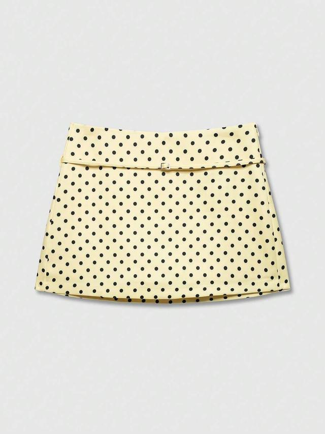 yellow polka dot midi skorts with waist belt