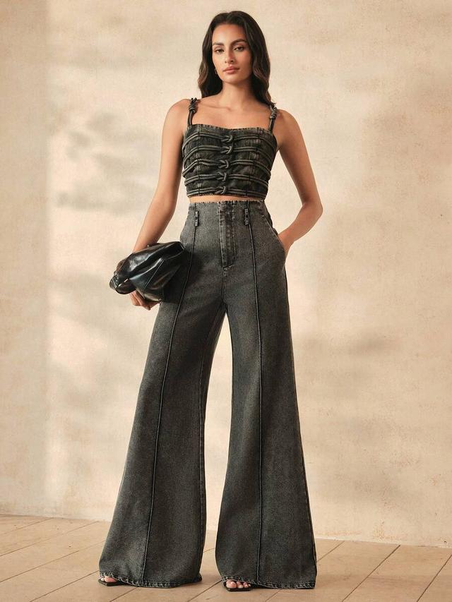 modern knot strap denim cropped top and flare jeans