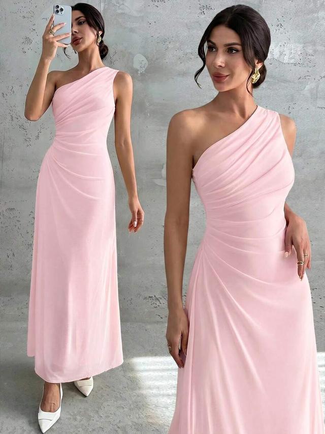 soft pink one shoulder pleated a-line maxi dress