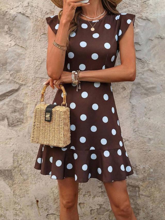 brown and white polka dot ruffle hem dress
