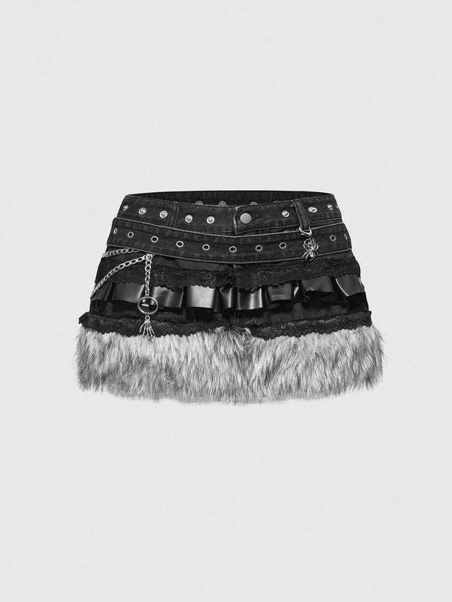 black denim mini skirt with faux fur trim and chains