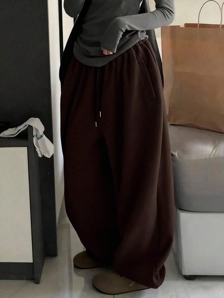 coffee brown drawstring elastic waist loose jogger pants