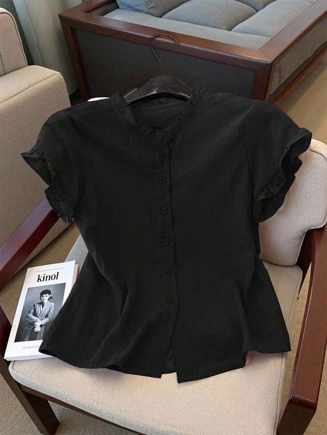women's casual solid black short sleeve shirt