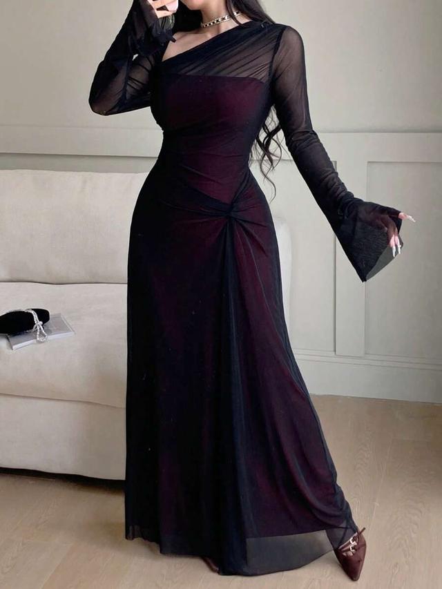 elegant black asymmetric neck flare sleeve mesh dress