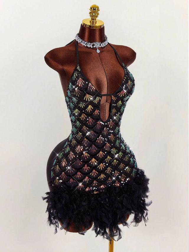 y2k amplova deep v-neck halter sequin furry mini dress