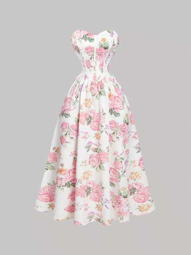 romantic floral print strapless midi tube dress