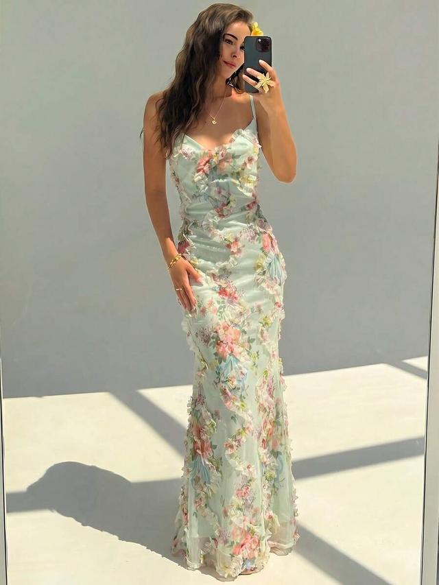 light green floral 3d ruffle bodycon mermaid dress