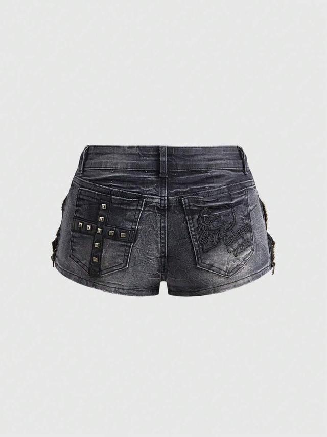 grunge punk skull embroidered rivet denim shorts