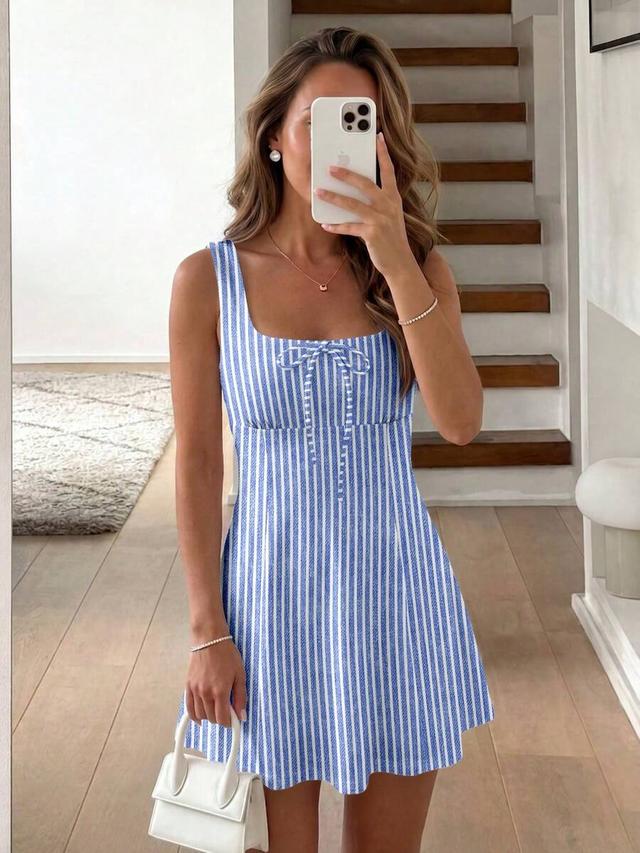 blue and white striped square neck mini dress