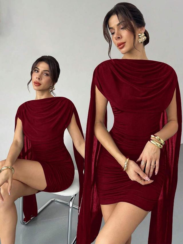 burgundy velvet cowl neck slim dress with flowing ribbons
