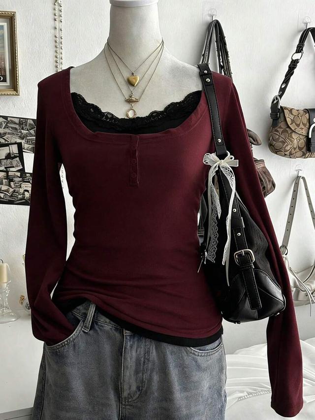 burgundy long sleeve henley top with lace trim