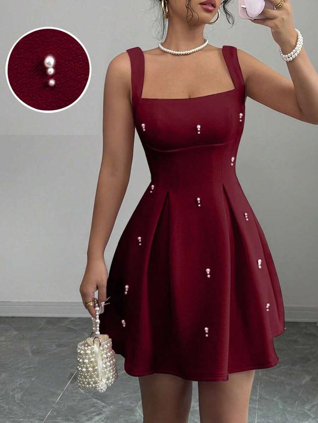 burgundy solid color sequined strap patchwork casual dress