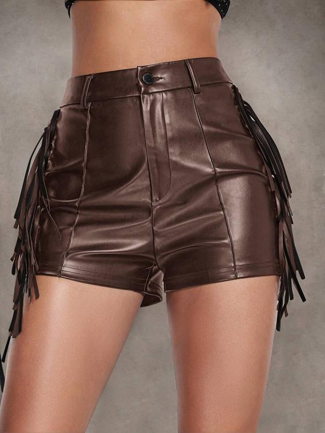 women's brown faux leather fringe shorts