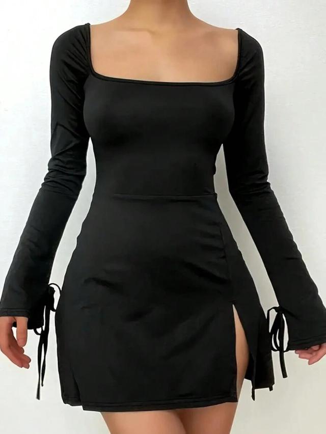 solid black long-sleeved bodycon dress with slit hem