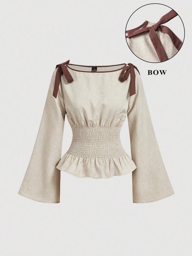 beige linen blend blouse with contrast bow detail