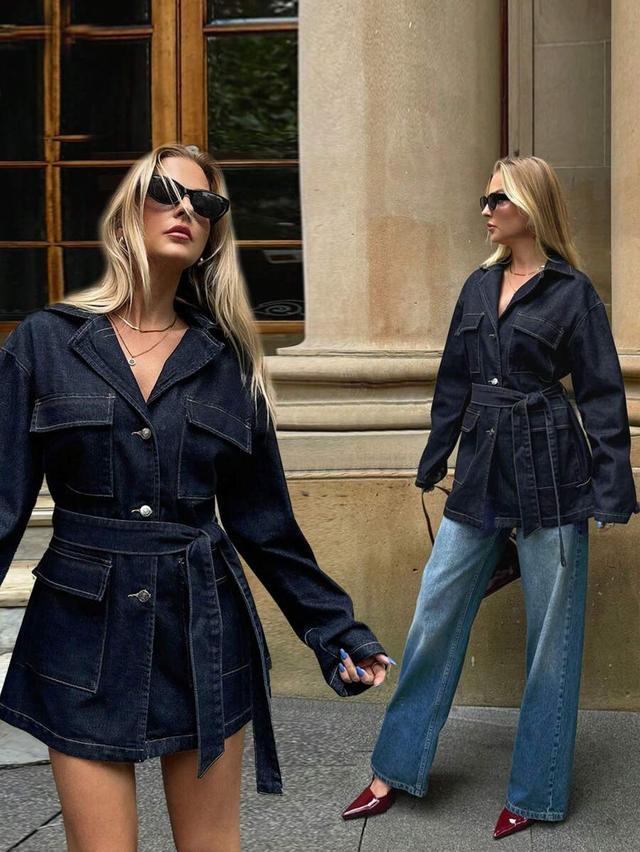 dark wash denim belted utility jacket
