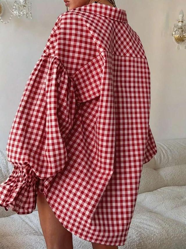 oversized red and white plaid button front shirt