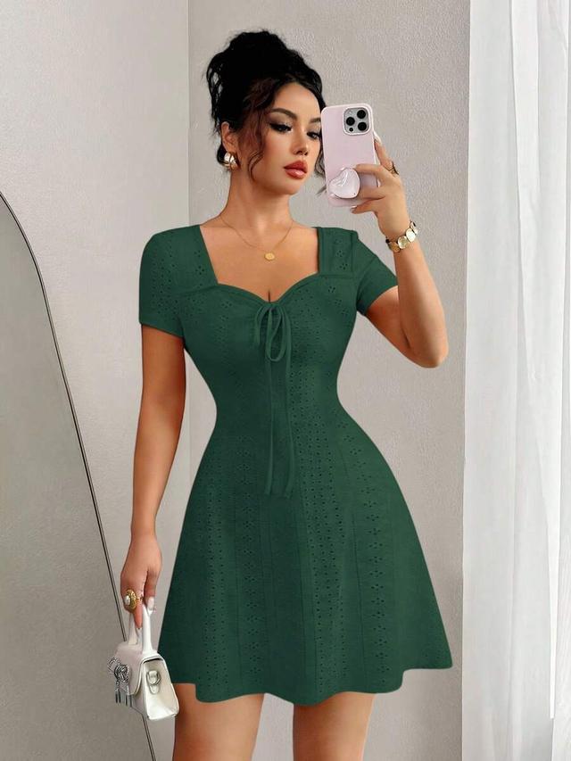 dark green knitted jacquard short dress with tie waist