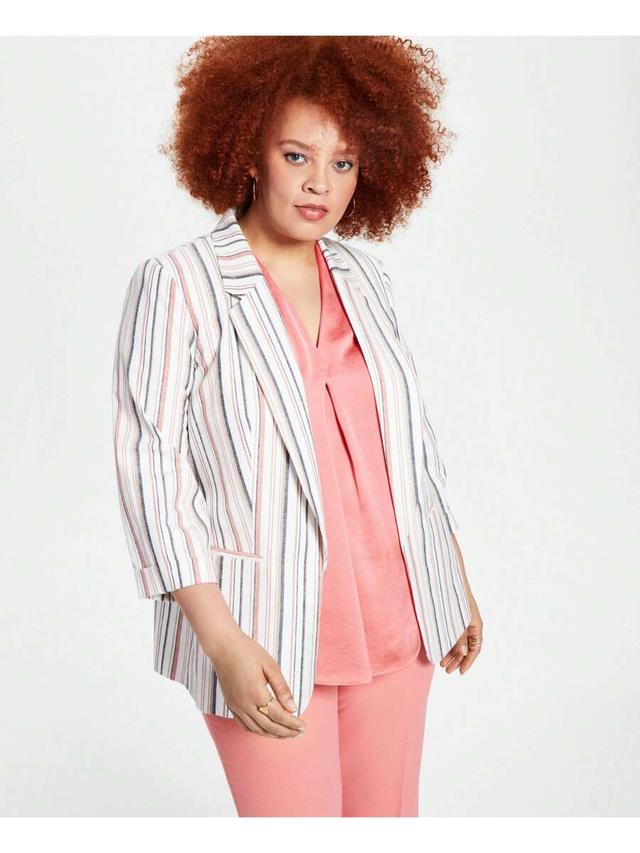 womens plus cotton blend striped open-front blazer
