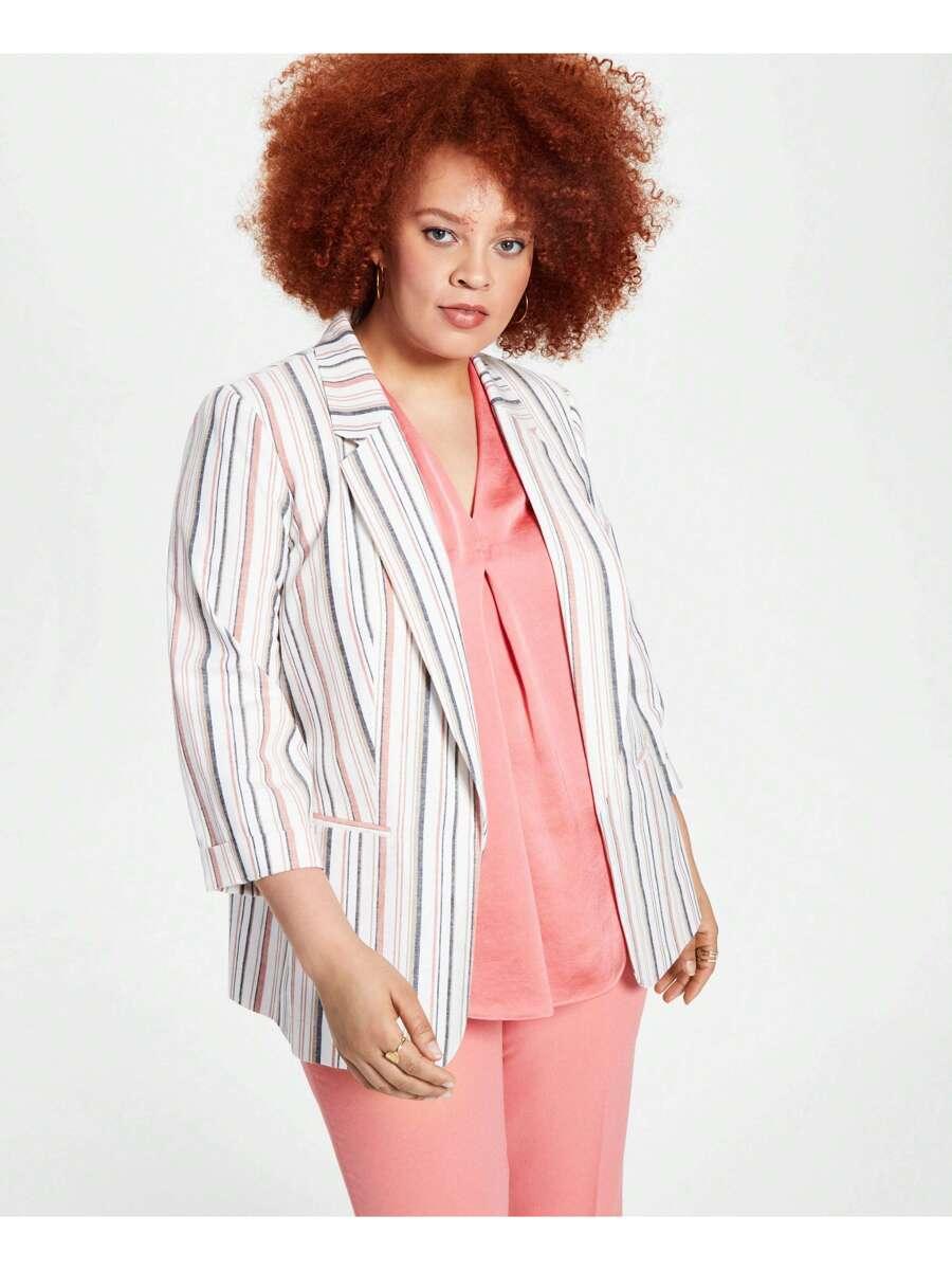 womens plus cotton blend striped open-front blazer