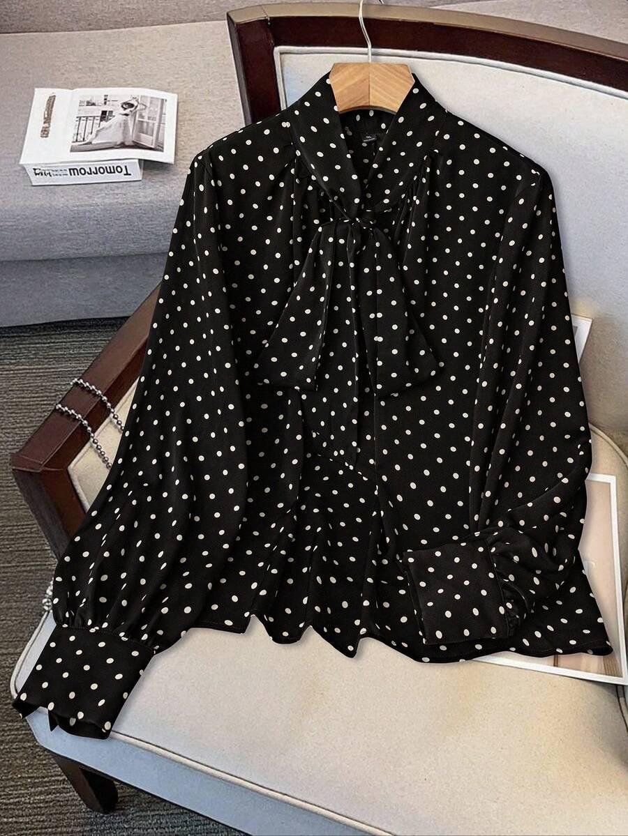 black and white polka dot pussybow blouse