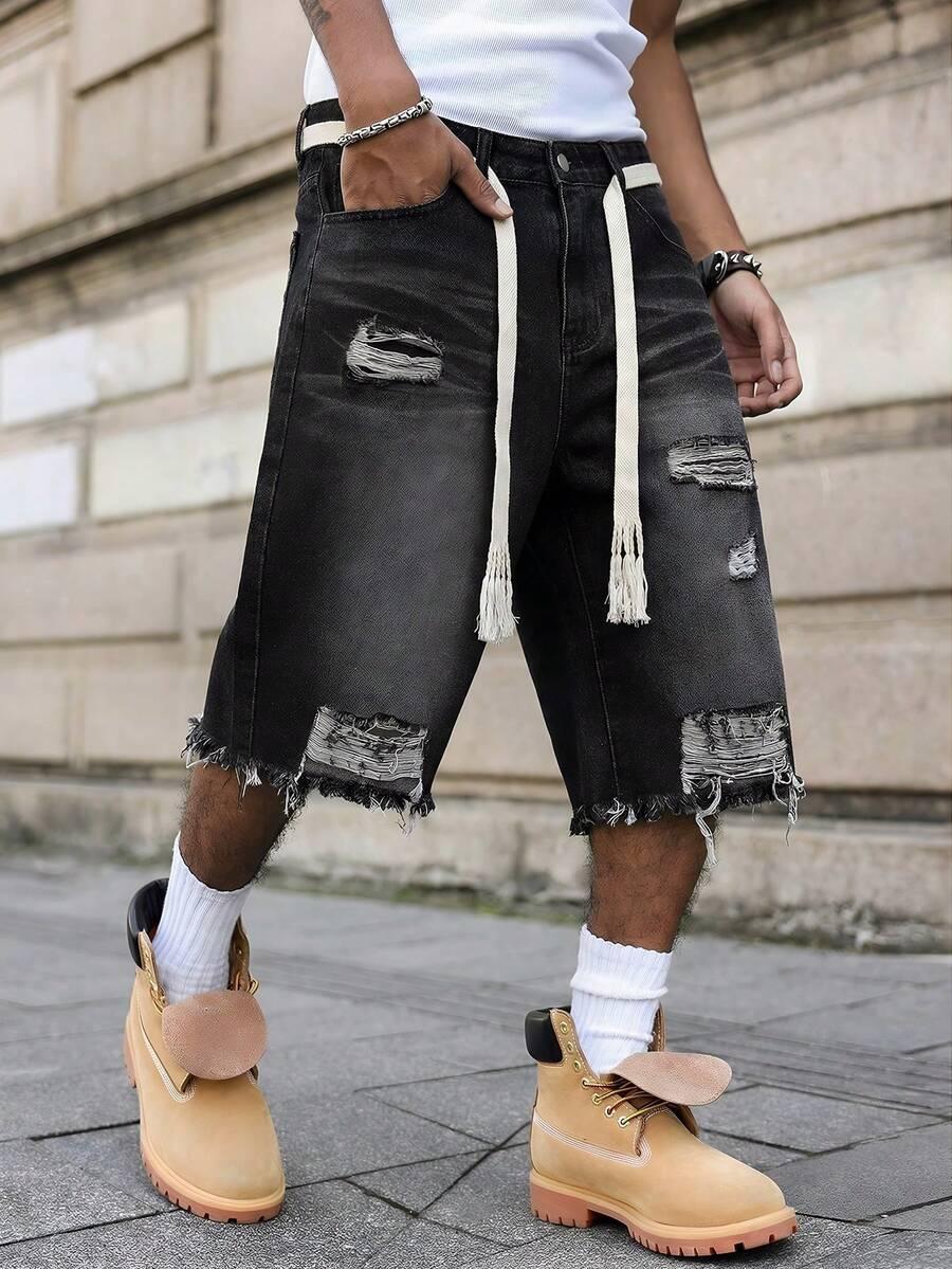men's distressed black denim loose casual shorts