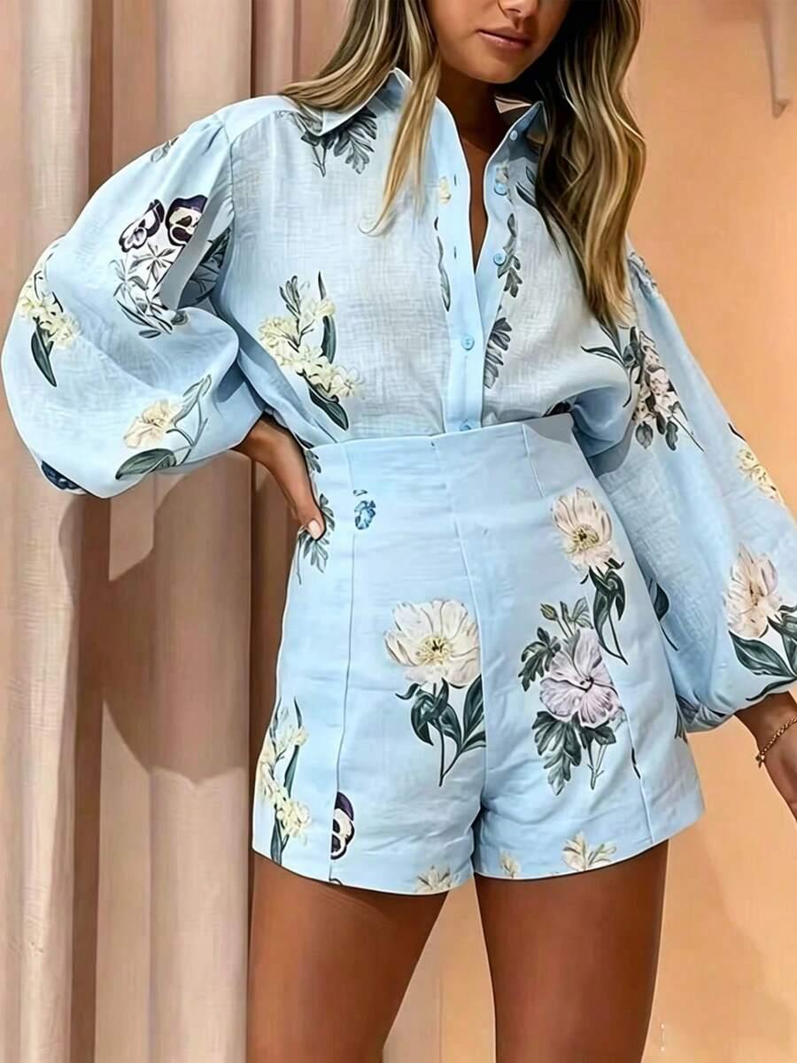light blue floral print lantern sleeve shirt and shorts set