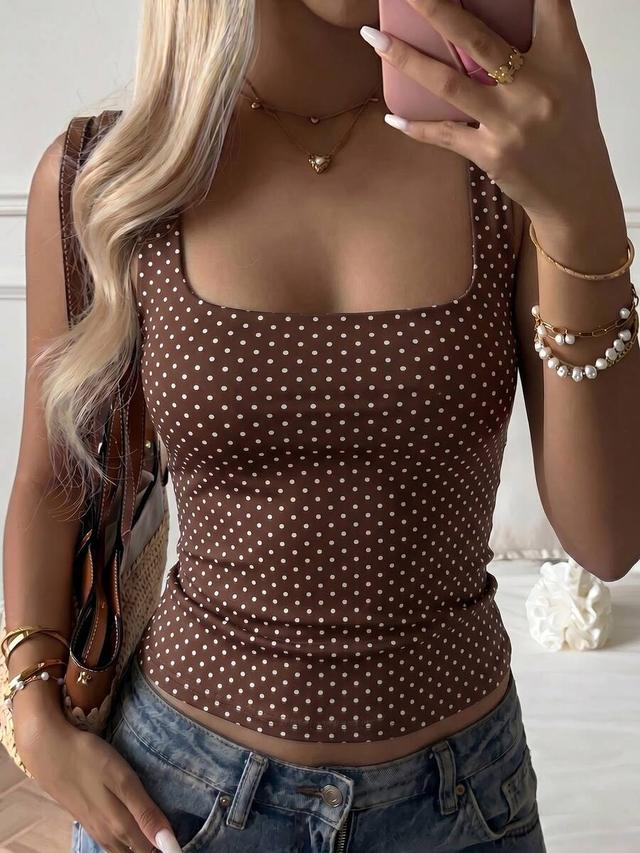 brown polka dot square neck fitted cami top