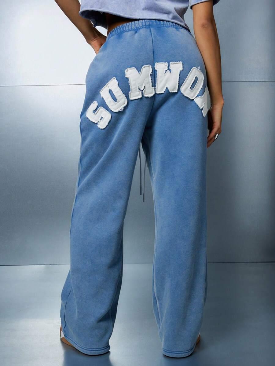 collegiate style letter patch loose fit blue sweatpants