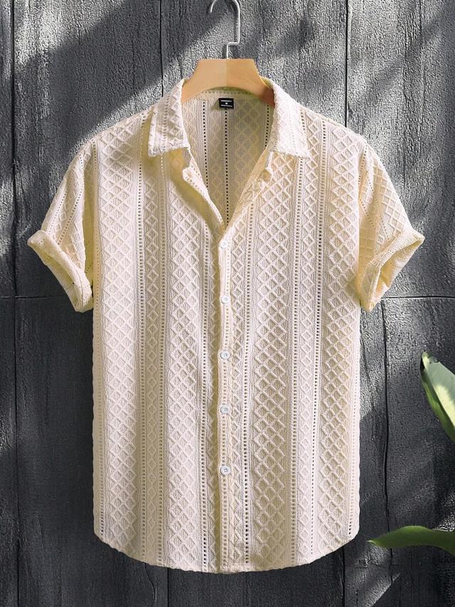 cream textured short sleeve button up shirt