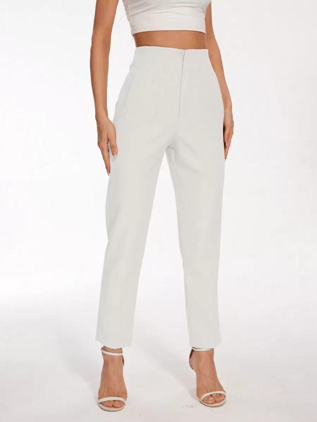 white slim fit pleated straight leg trousers