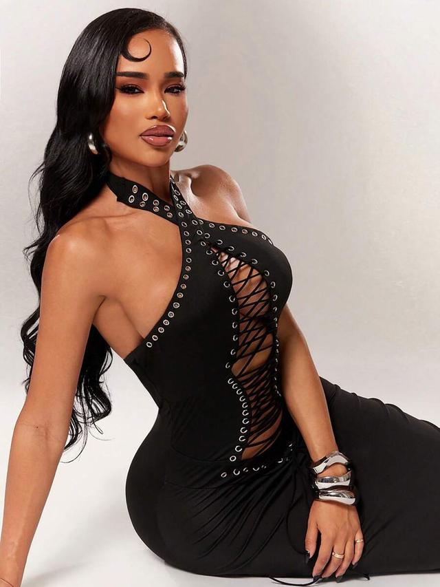 black metal eyelet lace-up halter neck fitted dress